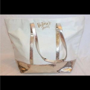 Victoria's Secret Tote Cream White Canvas Gold Sequins Weekender Large Bag NWOT